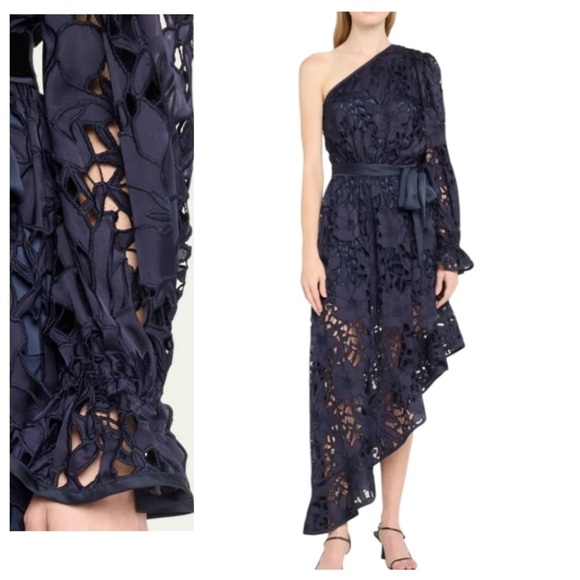 NEW Ramy Brook Jayda Asymmetric One Shoulder Dress Sz 6 Navy Embroidered Lace - Picture 1 of 15